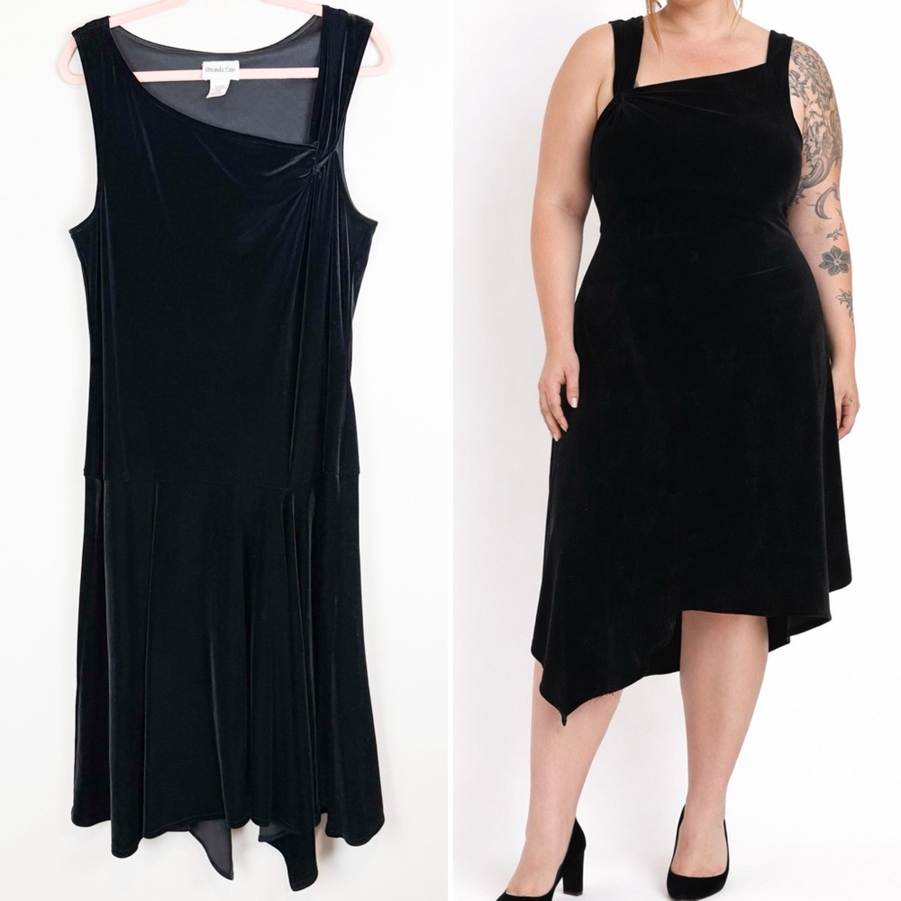 Vintage 80s Amanda Lane Black Velvet Asymmetric Midi Dress Plus Size‎ 16